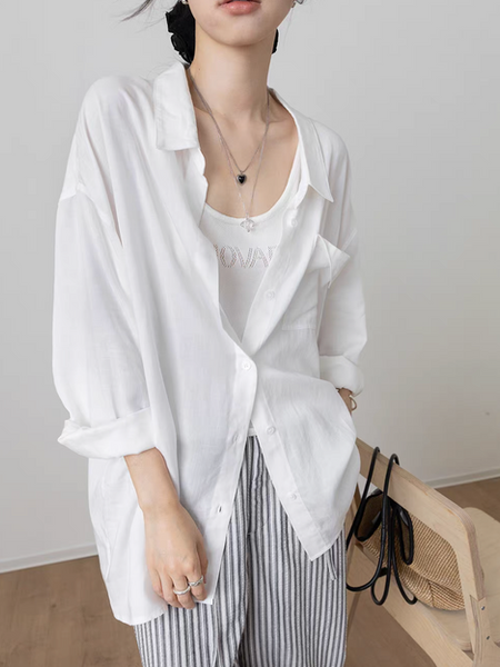 Flipped pocket tencel linen mid length lazy shirt