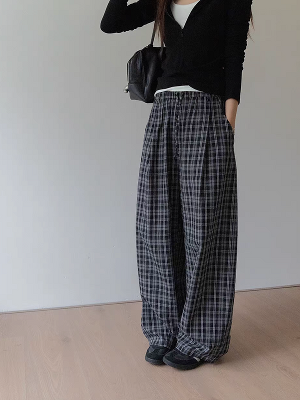 Elasticated checker cotton straight pants