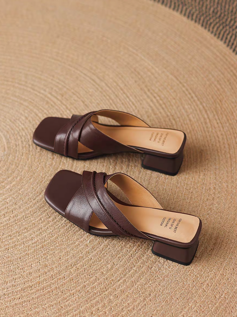 Calf leather crossed straps low heel slip ons 7