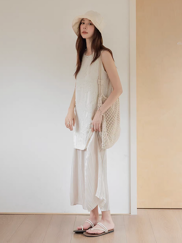 Floral embossed beige ivory docking satin pleated sleeveless dress 12