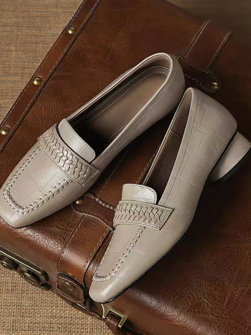 Embossed weaved strap lambskin round heel loafers 9