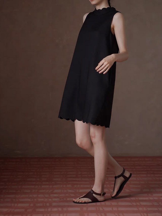 Wavy trim black lyocell linen poly sleeveless little black dress 5