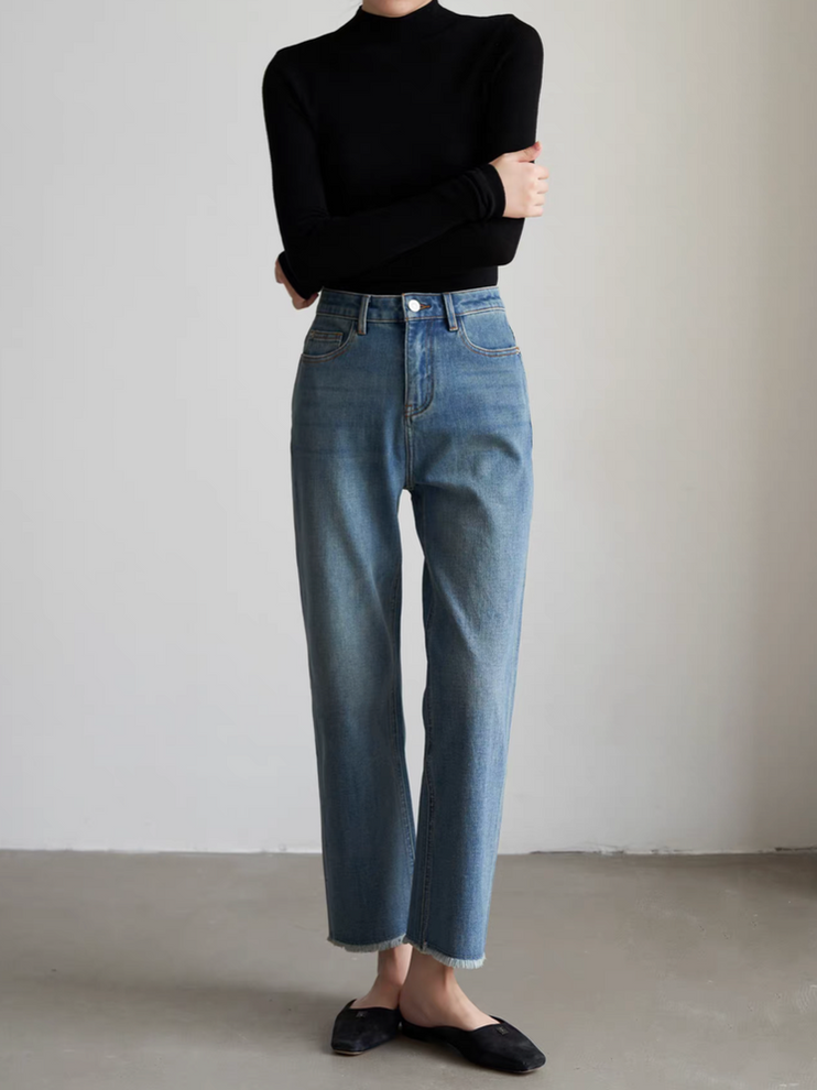 Acid washed retro blue taper frills trim denim blue jeans 3
