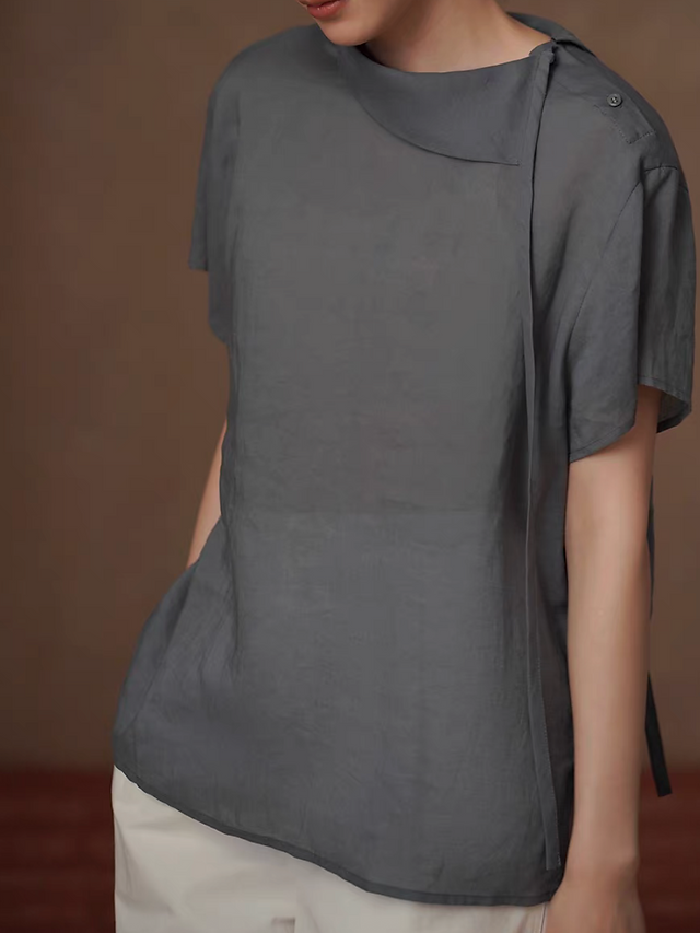 Charcoal asymmetric lyocell tencel poly shoulder knot buttoned sheer blouse 5