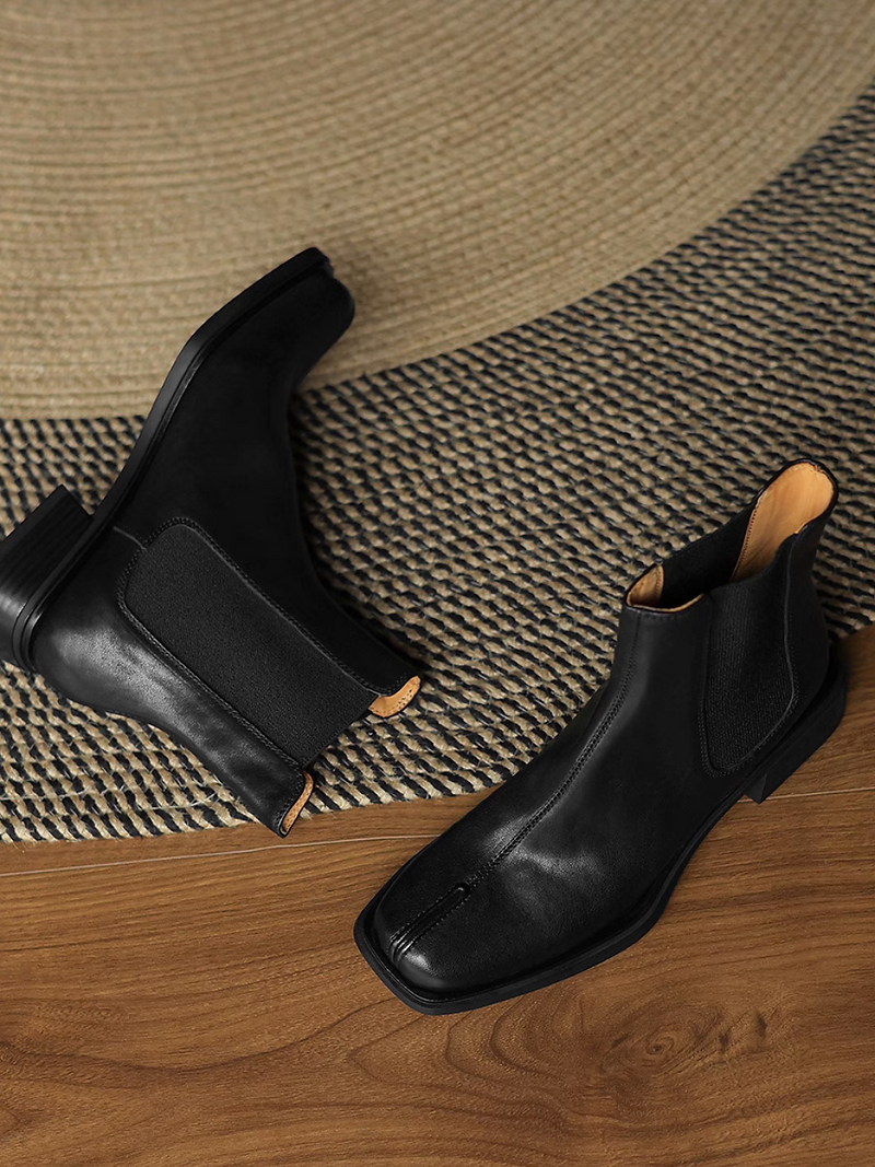 Calf leather front stitched trim square toe ankle boots 9