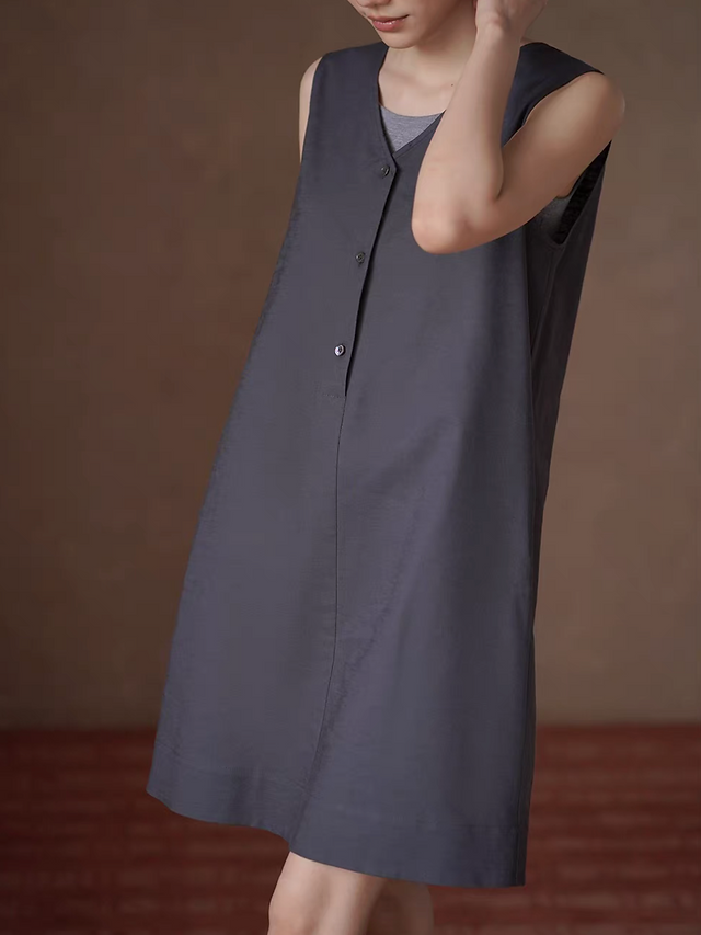 Charcoal V neck buttoned linen cotton sleeveless dress 8