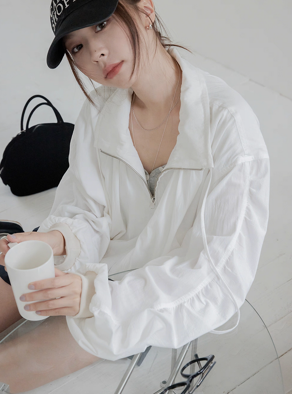 Poly cotton rayon two way ruffle puff sleeves zipper jacket