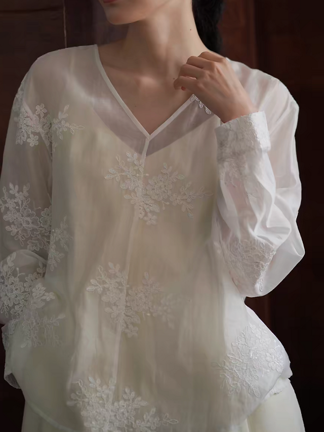 Sheer white floral embossed lyocell linen poly blouse 9