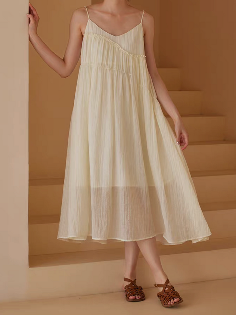 Diagonal ruffle trim layered lyocell blend ivory slipdress 1