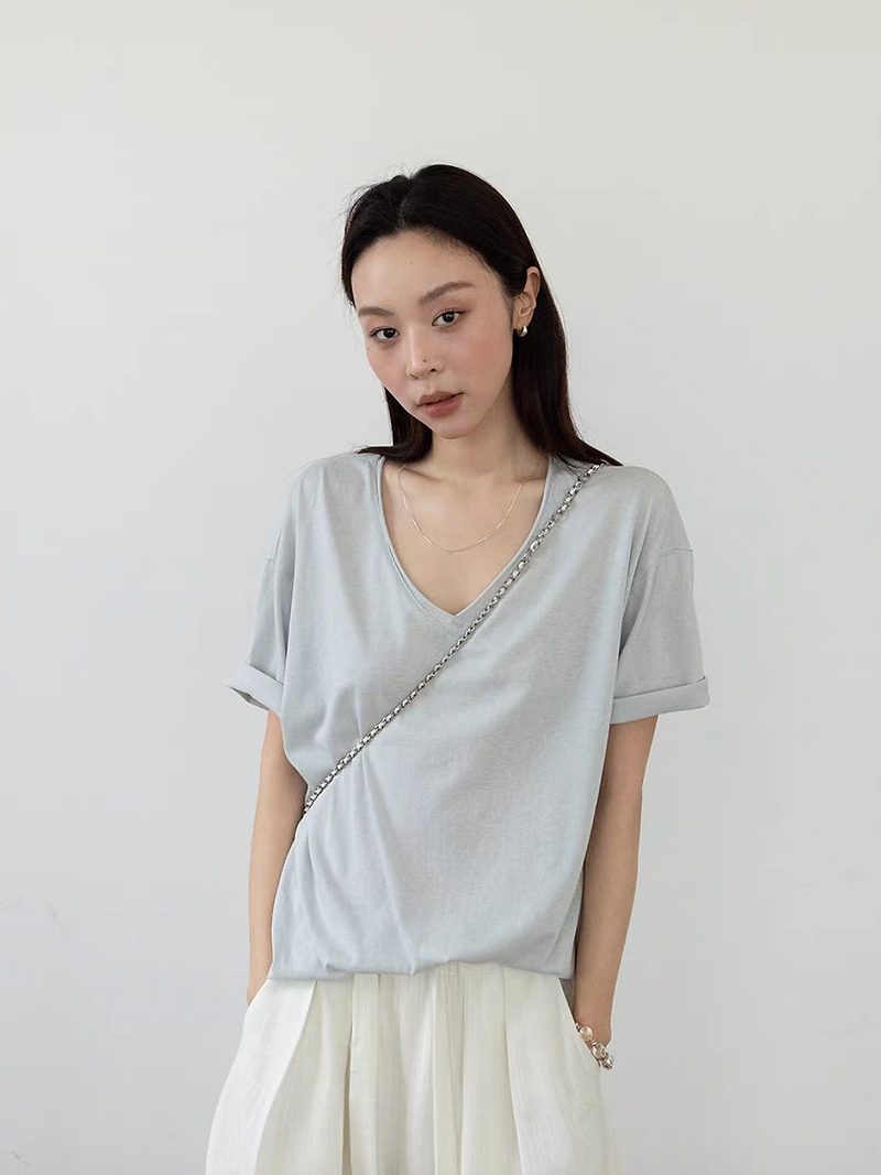 V neck pure cotton boyfriend mid length tee 4
