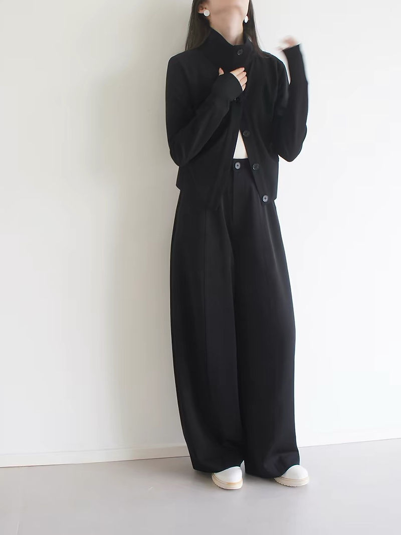 Black cotton modal poly rayon standing collar buttoned cardigan 3