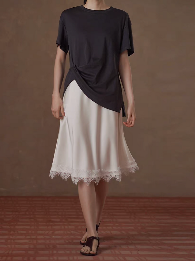 High waisted satin lace trim A line high waisted elegant skirt 1