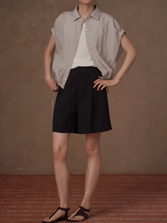 Lyocell rayon sora beige elastic rim drawstring flutter sleeves shirt 3