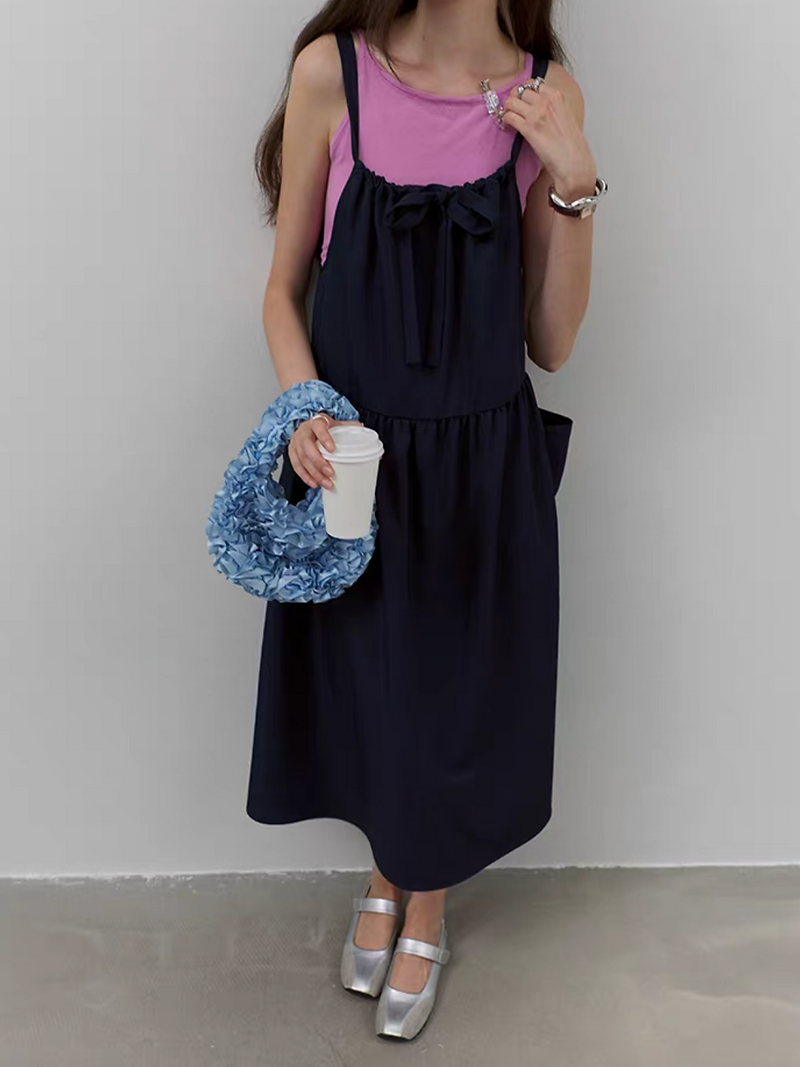 Navy cotton front knot adjustable maxi slipdress 2