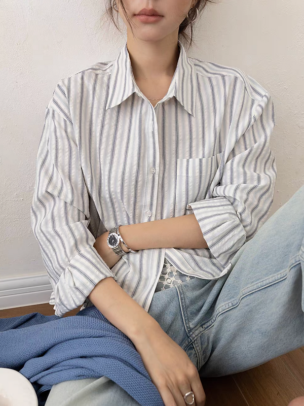 Embossed cotton rayon cropped striped shirt