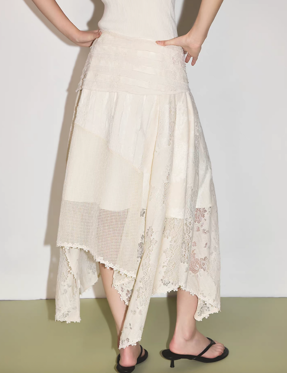 Thumbnail: Ivory cotton tencel rayon docking lace asymmetric lined side knot table skirt