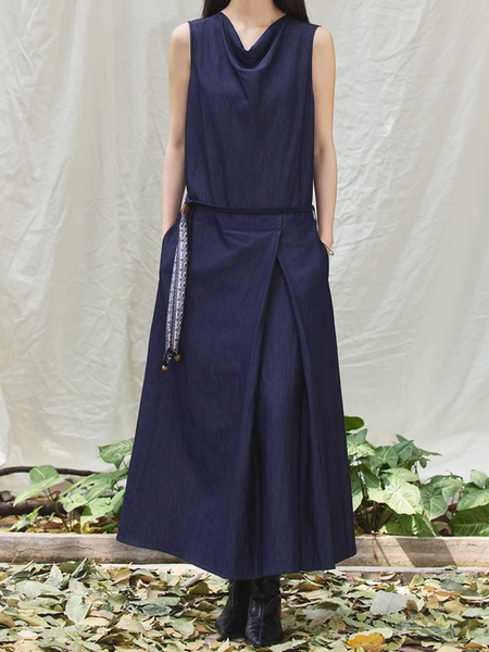 Navy drape collar embroidered belted sleeveless dress