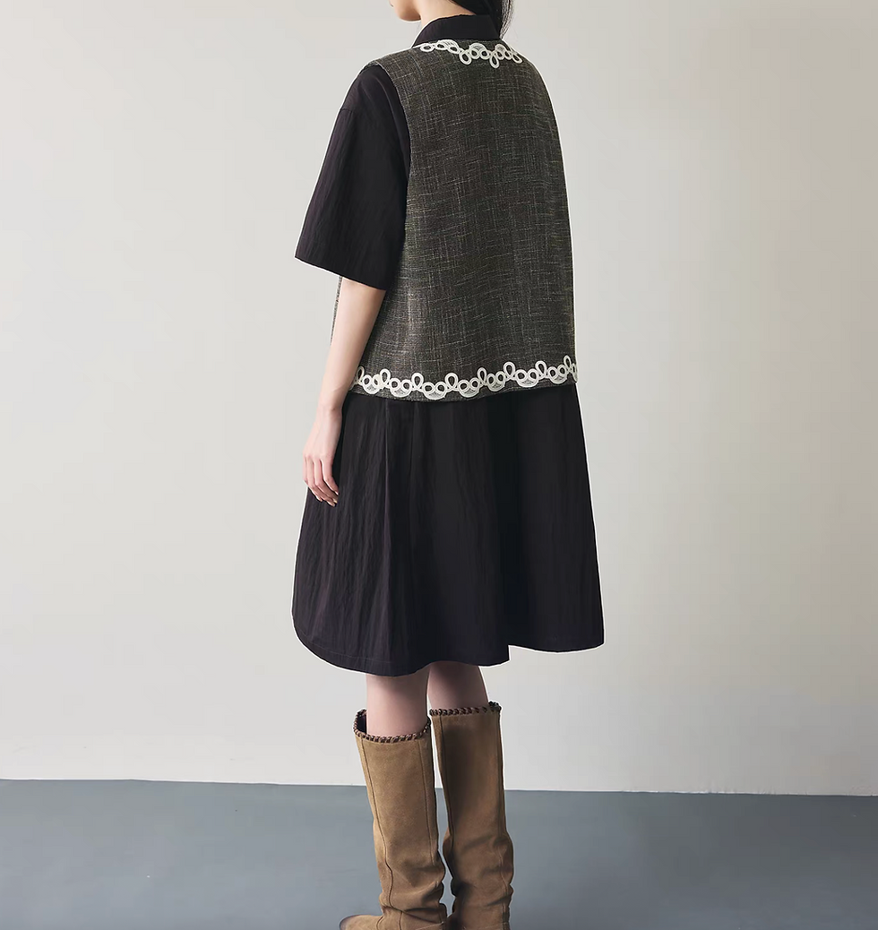 Thumbnail: V neck embroidered trim tassels mocha pure cotton checker vest
