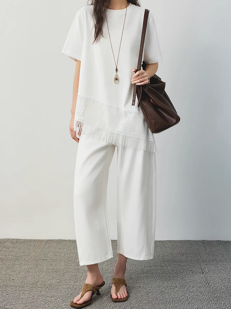 Diagonal tassels trim crochet laced floral white cotton tee / blouse 8
