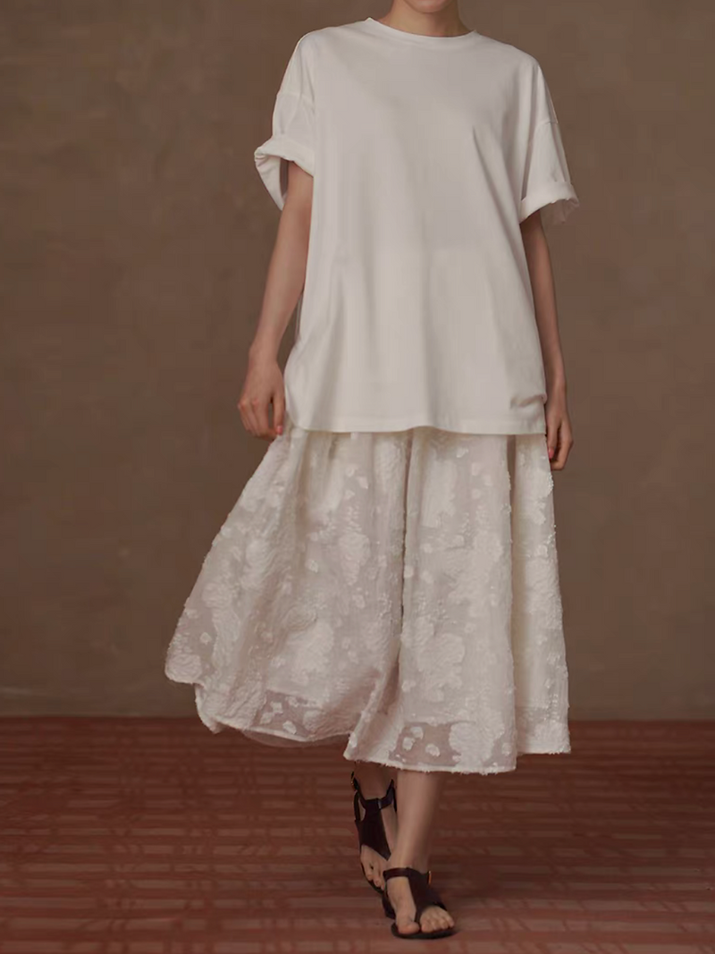 White tencel poly lined embossed floral elasticated table skirt 3