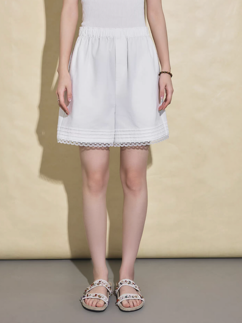 Elasticated cotton pleated lace trim cotton white short 2