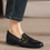 Thumbnail: Double buckles contour calf leather embossed loafers