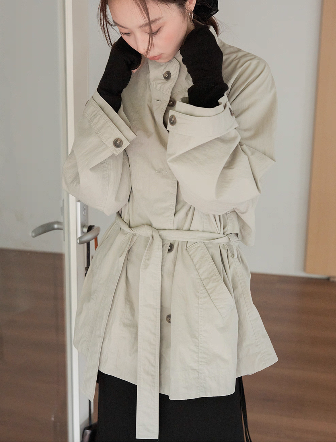 Cotton rayon beige mid length belted trench jacket