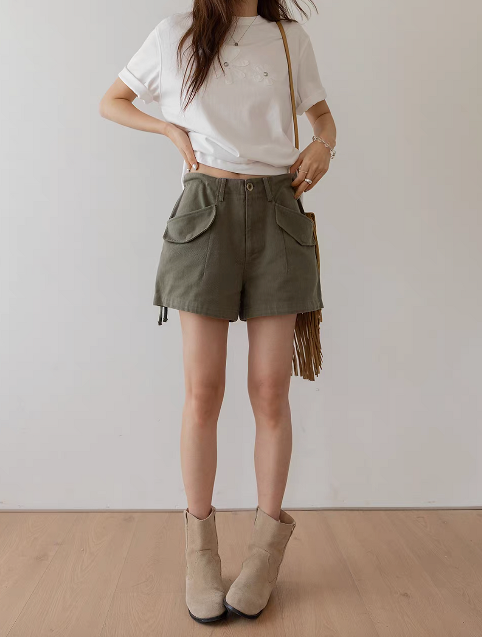 Thumbnail: High waisted cotton cargo denim shorts