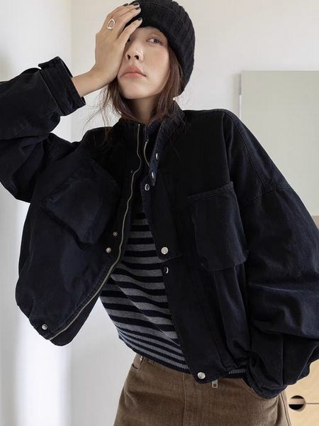 Denim cotton zipper black pilot jacket