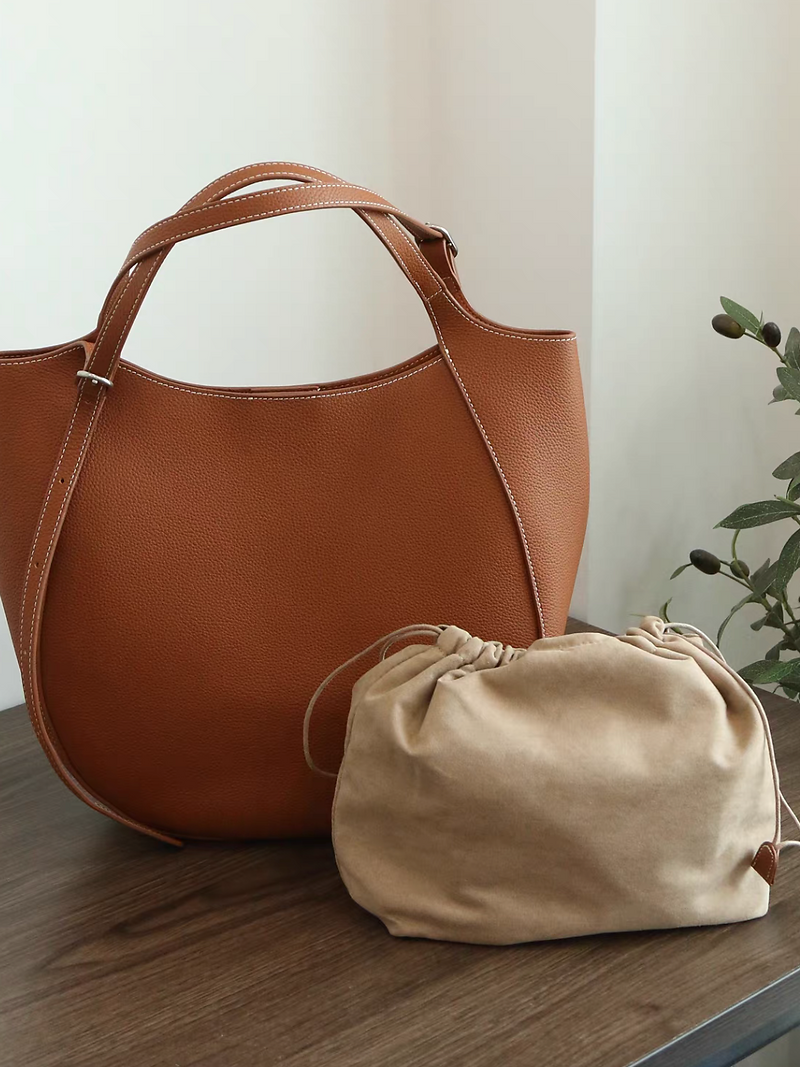Grain calf leather white stitched saddle bucket handle / crossbody bag 7