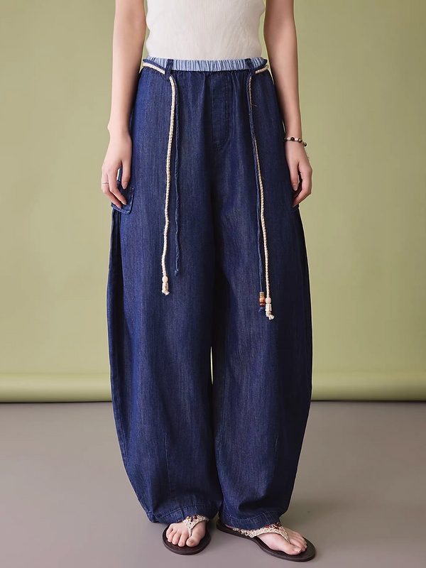 Color blocking tencel soft denim elasticated drawstring belted pants