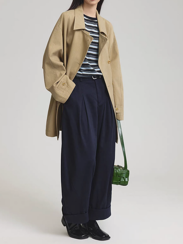 Navy stitched trim lyocell linen cotton pleated barrel relaxed cut pants 12