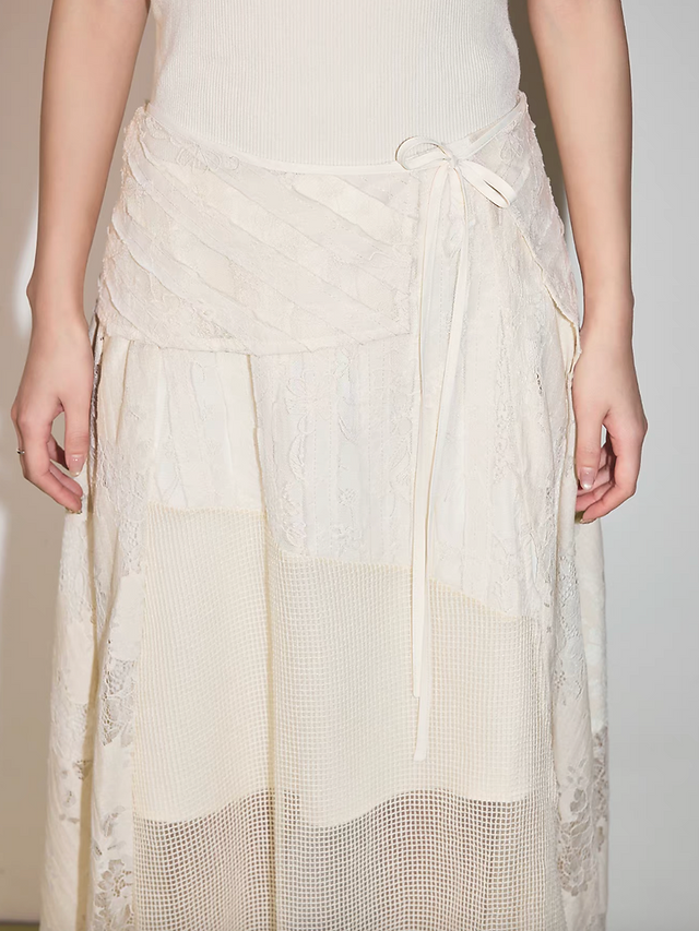Ivory cotton tencel rayon docking lace asymmetric lined side knot table skirt 11
