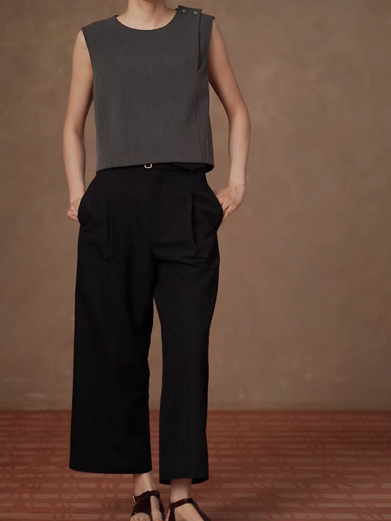 Shoulder buttoned cotton rayon charcoal grey vest 3