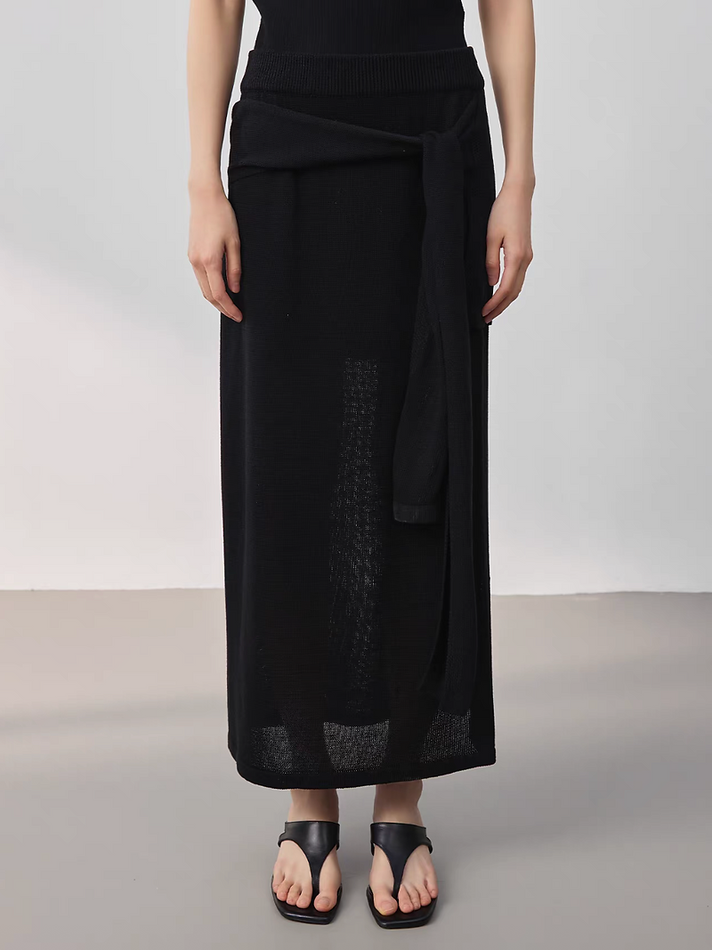 Lyocell linen rayon side belted elasticated layered knitted skirt 7
