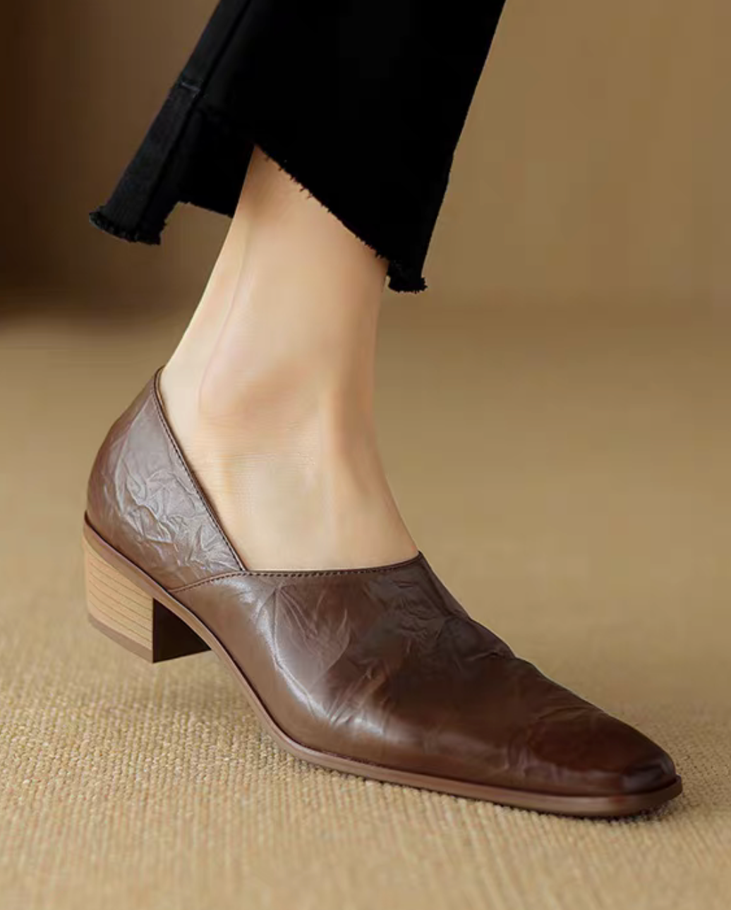 Embossed lambskin square toe wood heel loafers