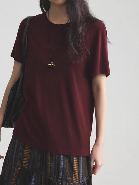 Burgundy pure cotton shortsleeved crewneck tee