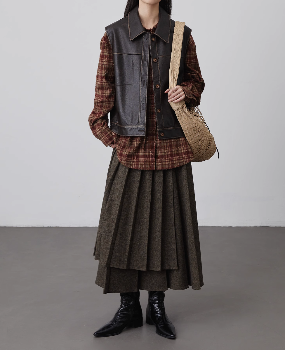 Thumbnail: High waisted layered asymmetric pleated khaki charcoal side straps skirt