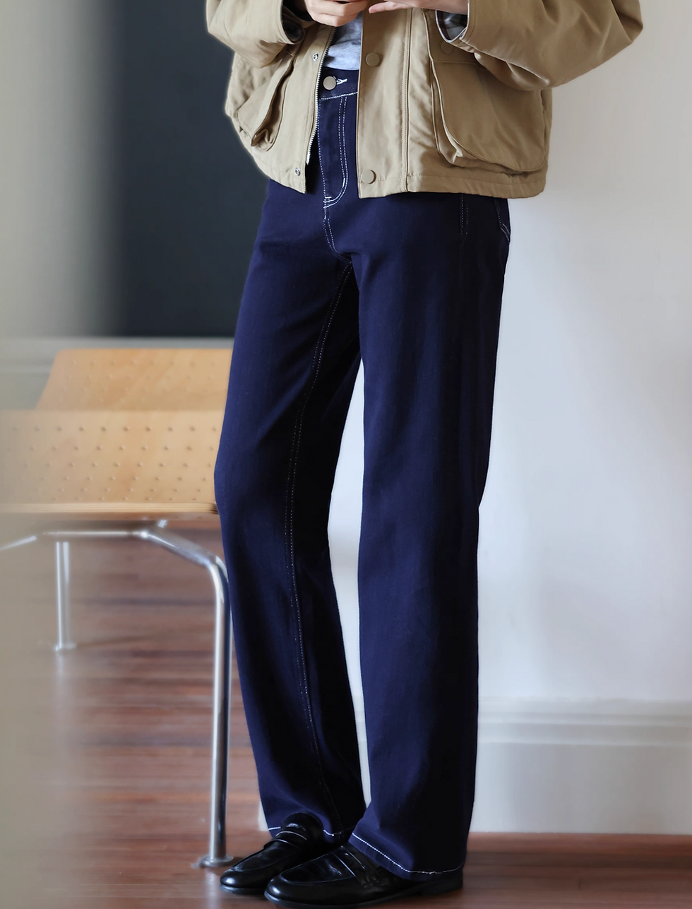 Thumbnail: White stitched taper dark taper jeans