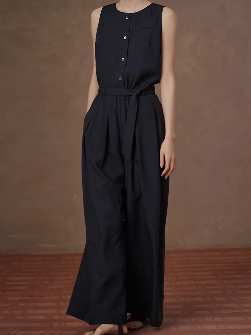Lyocell poly halter navy elasticated waistband belted romper 7