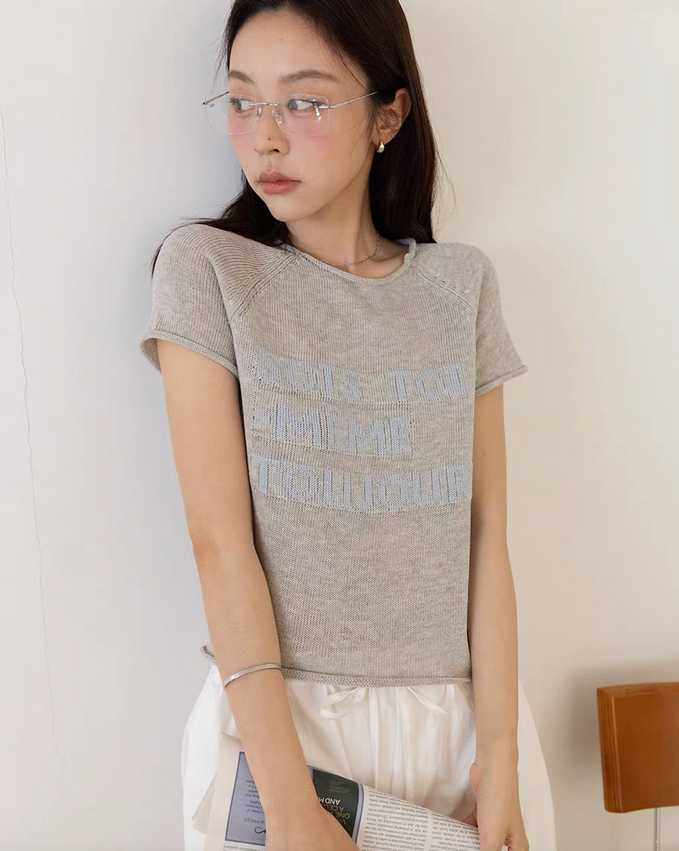 Thumbnail: Linen lyocell rayon intarsia knitted French typography rolled trim top