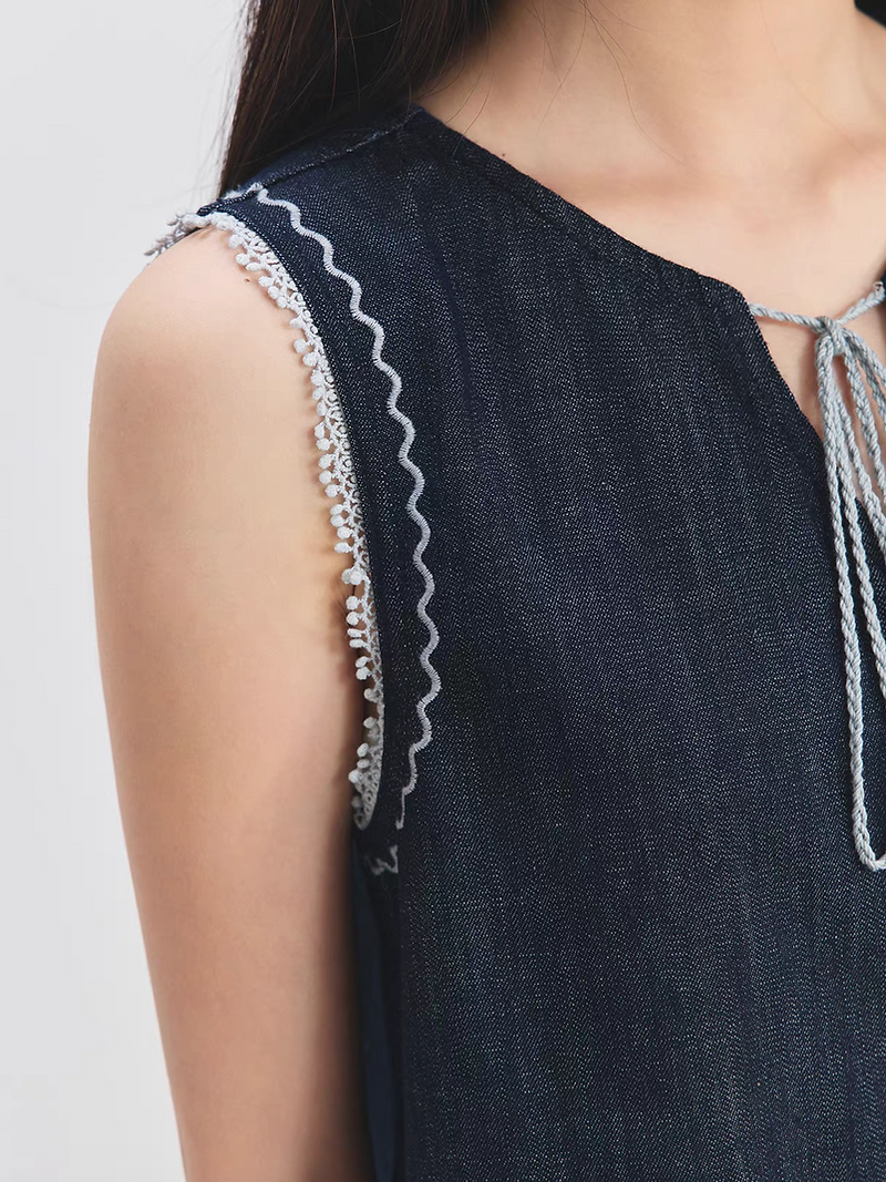 Drawstring dark navy tassels frills denim boxy vest 5