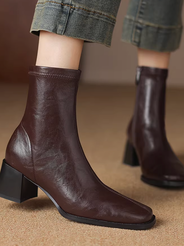 Calf leather side zipped chunky heel ankle boots