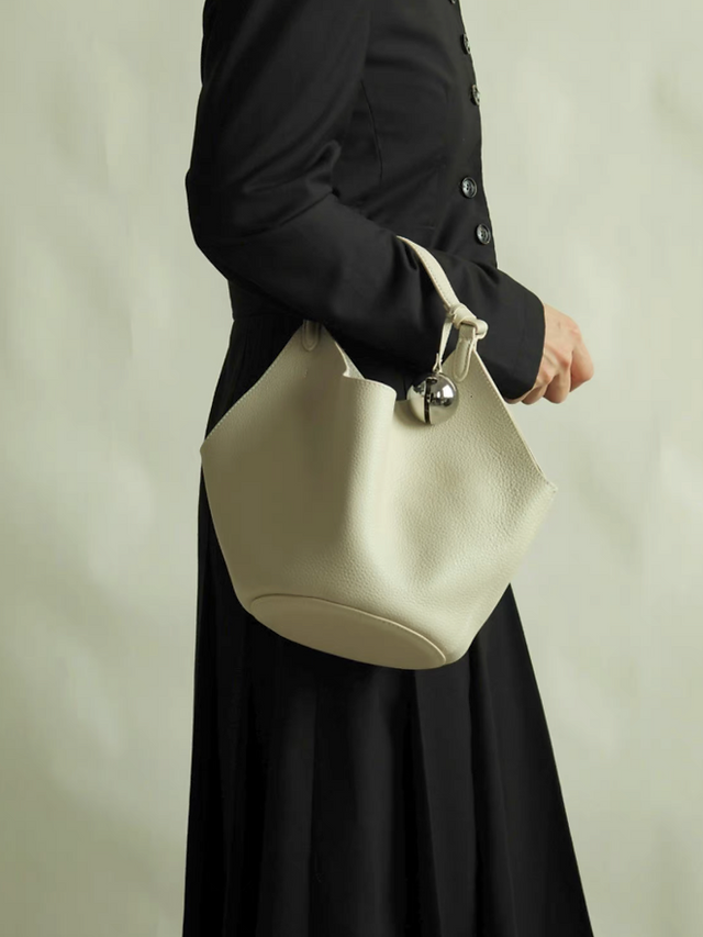 Metal ball charm calf leather toga embossed handle + crossbody bucket bag 8