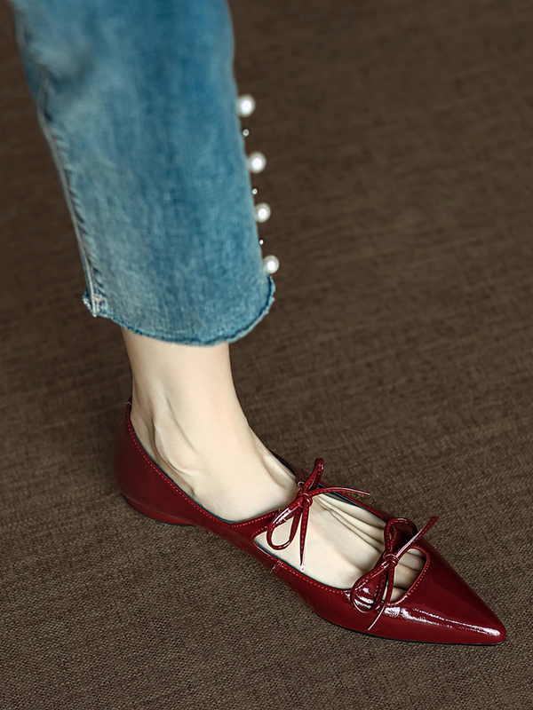 Oil waxed calf leather ribbons pointy mary janes