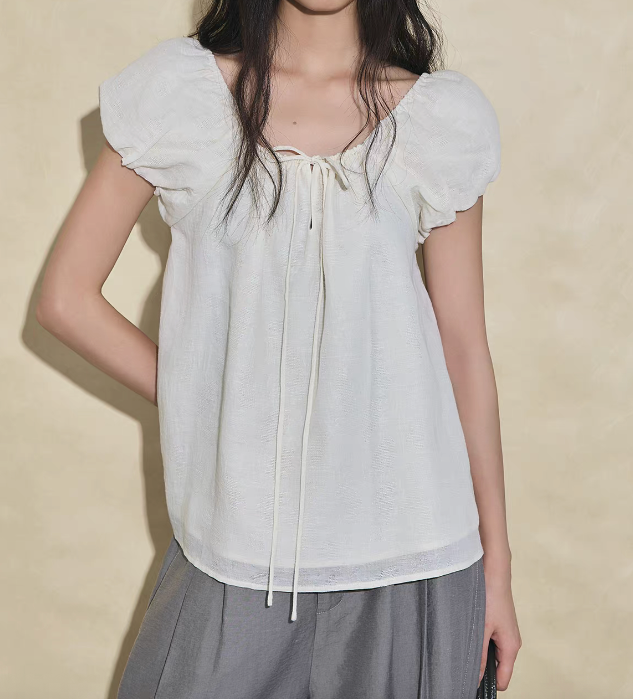 Two way French style puff sleeves layered lined cotton lyocell drawstring blouse
