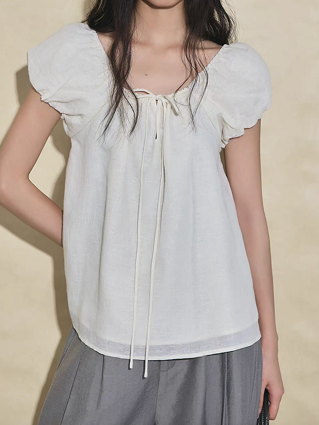 Two way French style puff sleeves layered lined cotton lyocell drawstring blouse 1