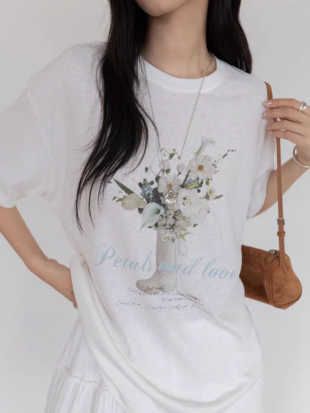 Digital floral print cotton linen crewneck tee