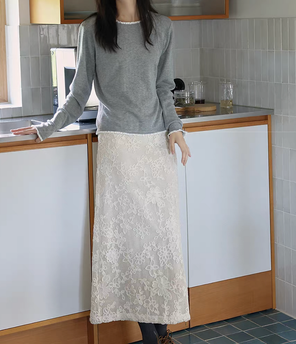 Thumbnail: Ivory floral crochet zipper cotton poly A line skirt