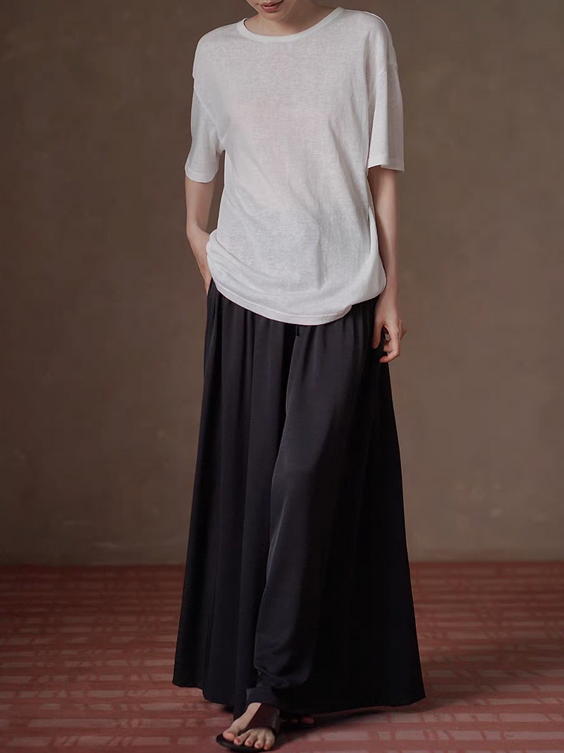 Elasticated drawstring satin wide leg black poly satin pants 2